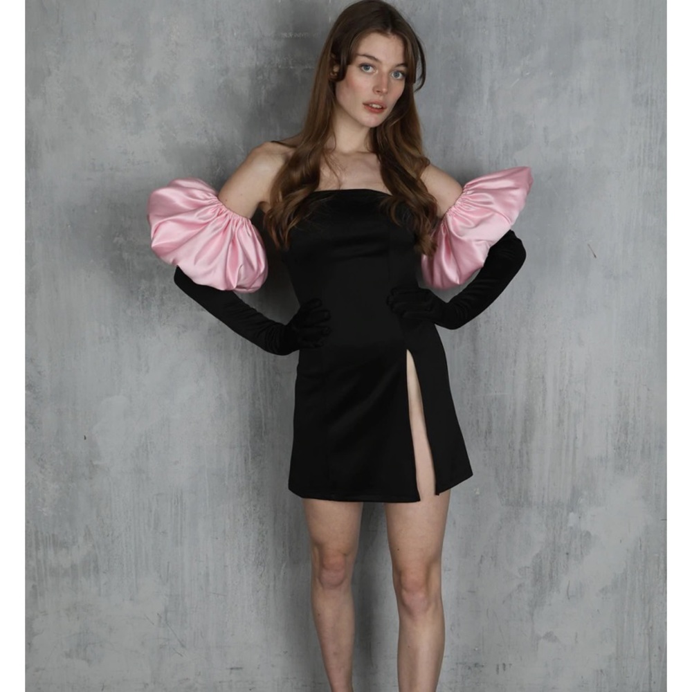 Miscreants London Cupid Split velvet dress and gloves with pink puffs